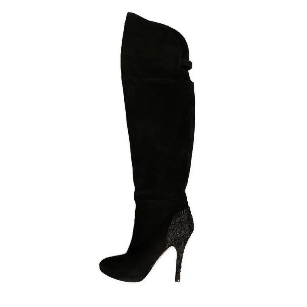 betsey johnson Solid Black Genuine Suede Leather Lace Over Knee Heeled Boots 8.5